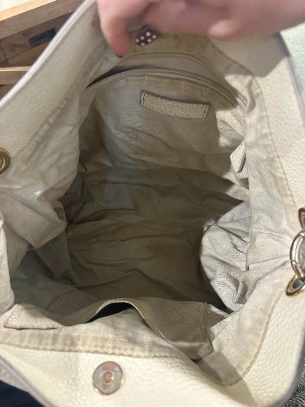Mark & Graham Cream Pebbled Leather Shoulder Bag with Patterned Strap